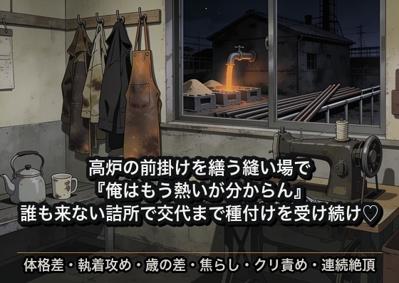 高炉の焦げた前掛けを繕う縫い場で強面の炉前工に『俺はもう熱いが分からん』と俯かれた夜に誰も来ない詰所で交代の刻限まで奥で種付けを受け続けた話