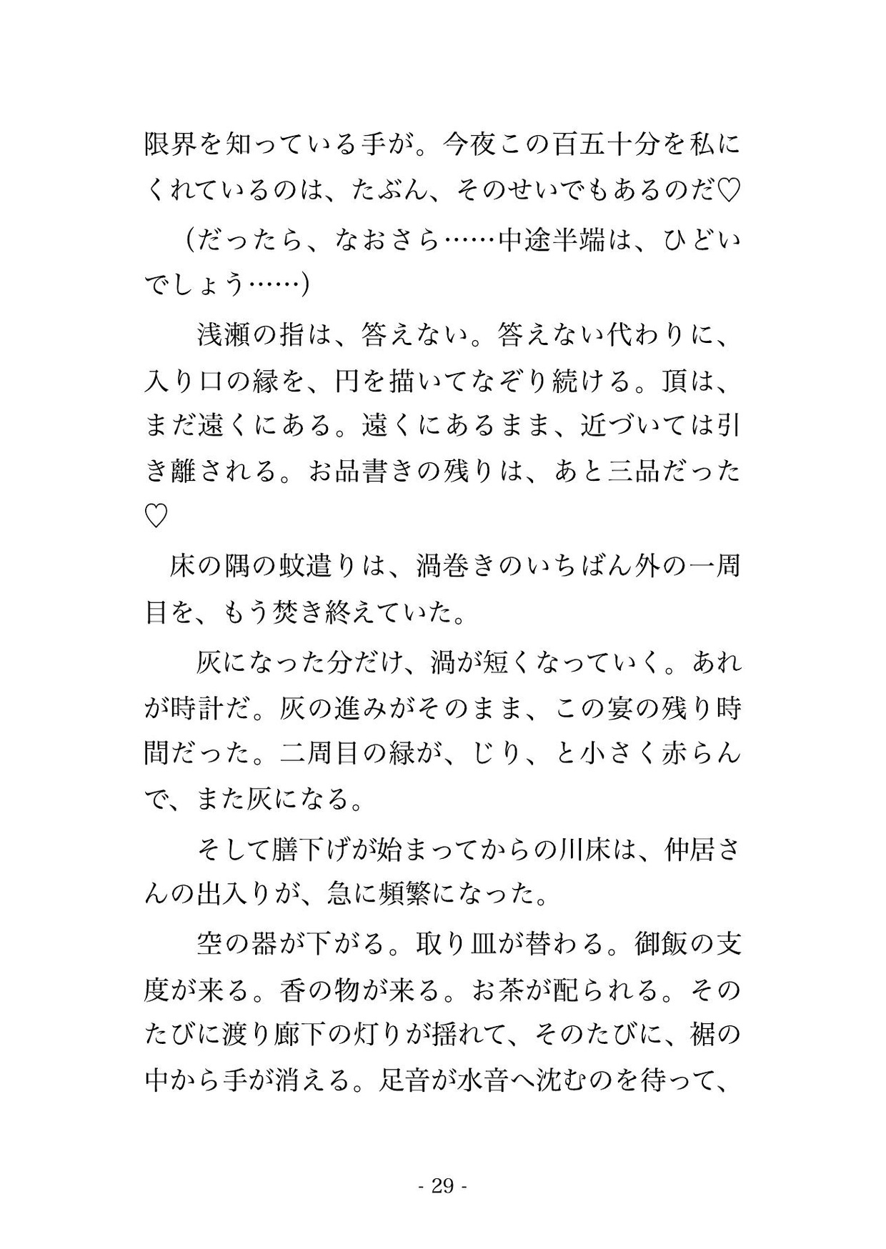 社内秘婚のまま夫の送別会の川床に同僚の顔で座った人妻が仲居の来ない間合いだけ150分焦らされ合図の懐紙は表のまま宴の果てた座敷で孕むまで出された話 サンプル8