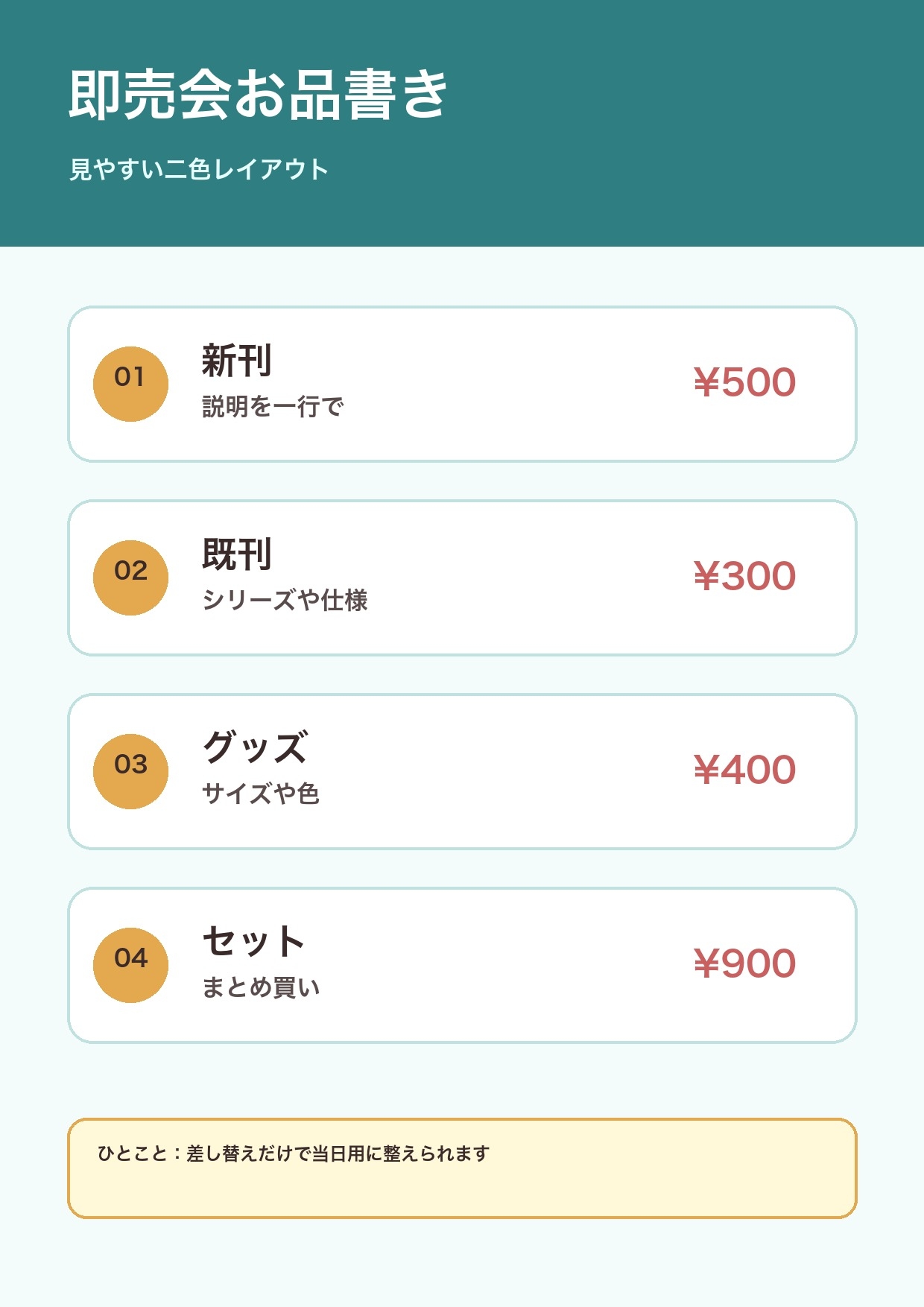 同人イベントお品書き・値札テンプレ3種|A4編集用PPTX3点+PNG/PDF/SVG各3点・サークル利用可
