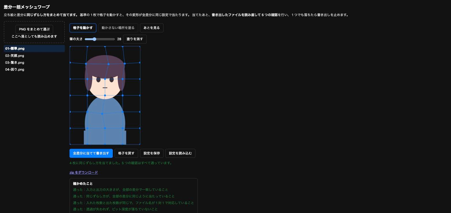 差分一括メッシュワープ ～立ち絵と差分に、同じずらし方をまとめて当てる～