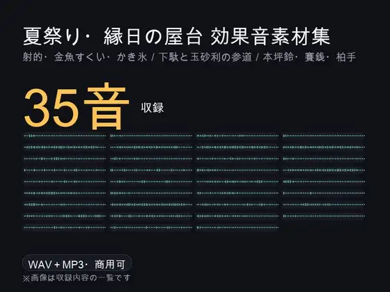 夏祭り・縁日の屋台 効果音素材集 35音|射的・金魚すくい・かき氷・ラムネ/下駄と玉砂利の参道/本坪鈴・賽銭・柏手|WAV+MP3・商用可 ジャケット画像