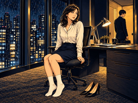 残業後、彼女は白い靴下を脱いだ