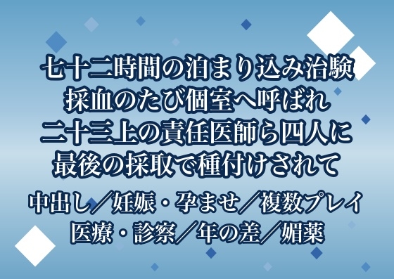 七十二時間の泊まり込みの治験で採血のたび個室へ呼ばれ二十三上の責任医師ら男四人に薬の効き目を身体で確かめられ最後の採取で子宮に種付けされた