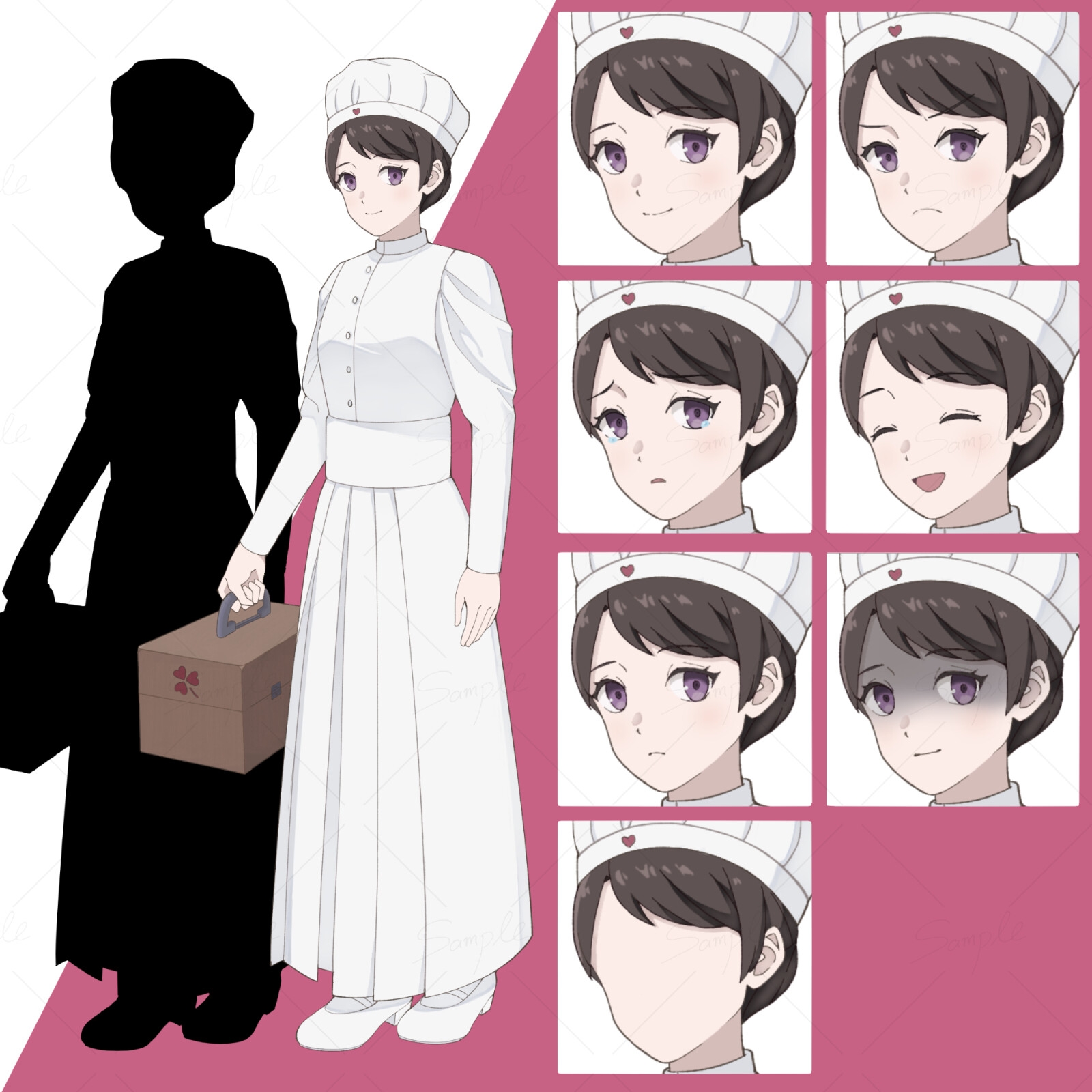 立ち絵素材(明治〜大正時代の看護婦の女性:表情6種+1、シルエット)
