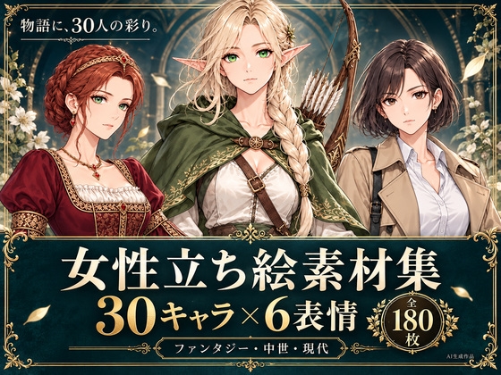 【全180枚】【TRPG立ち絵素材】物語を彩る彼女たち|女性立ち絵30キャラ×6表情【ファンタジー・中世・現代】