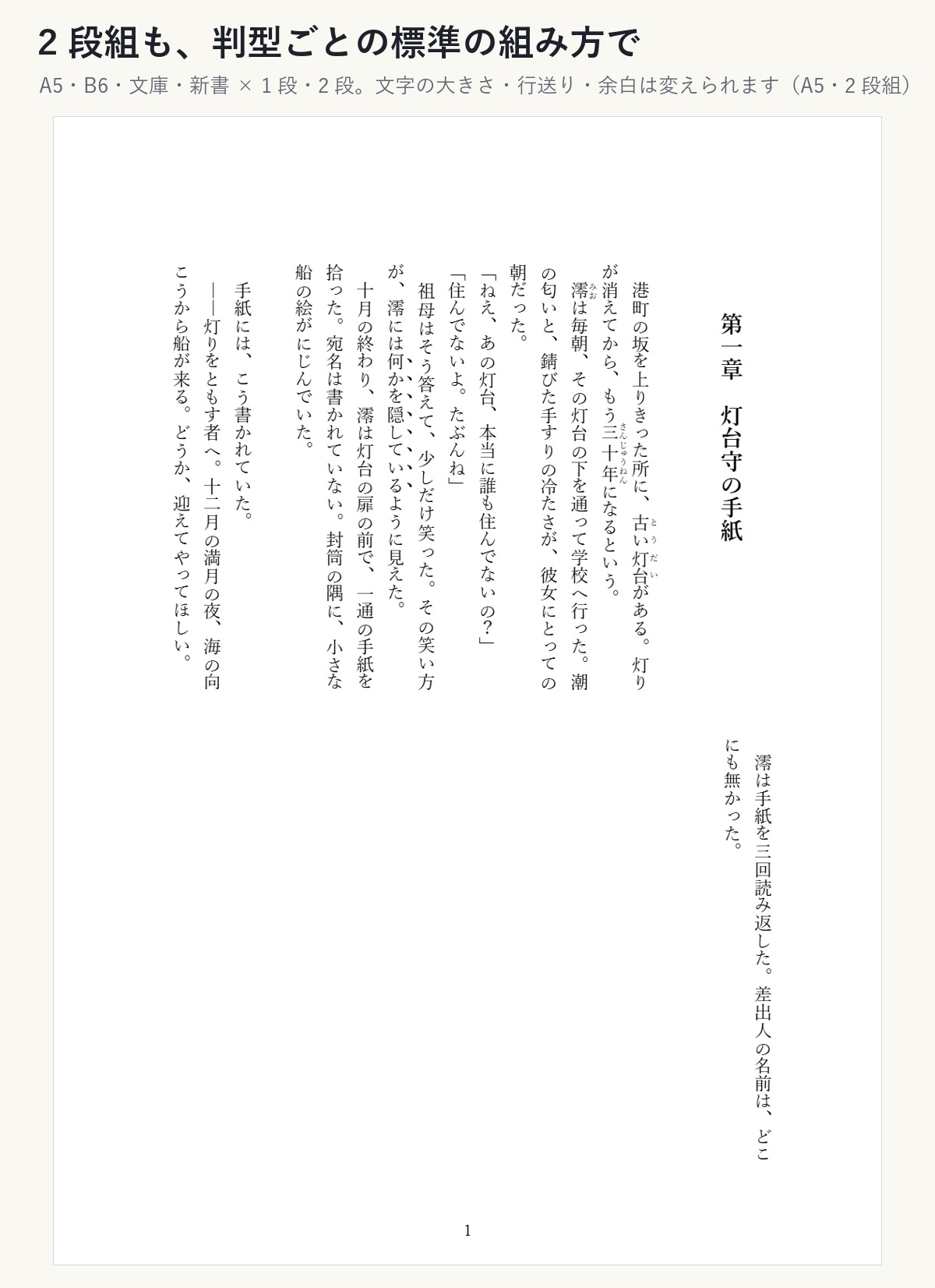 【小説同人誌】原稿を貼るだけで縦書きの本文PDFに「本文くみたて」A5・文庫・B6/2段組・ルビ対応