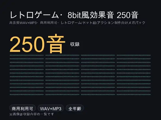 レトロゲーム・8bit風効果音メガパック 250音|ジャンプ・コイン・ショット・爆発・UI操作 ピコピコ音 WAV+MP3・商用可 ジャケット画像