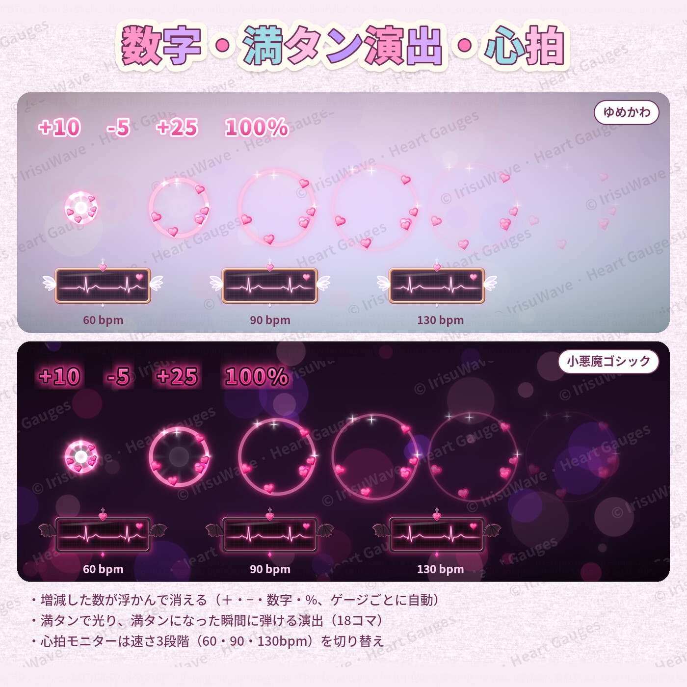 動くハートゲージ集|ゆめかわ・小悪魔ゴシック 7種(ティラノ・ツクールMZ・Ren'Py対応/増減の数字・満タン演出つき/商用可)