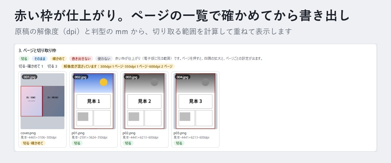 【同人誌の電子版】印刷用の原稿から塗り足しを切り落とし、DLsite 用の JPEG 連番を作る「電子版きりだし」