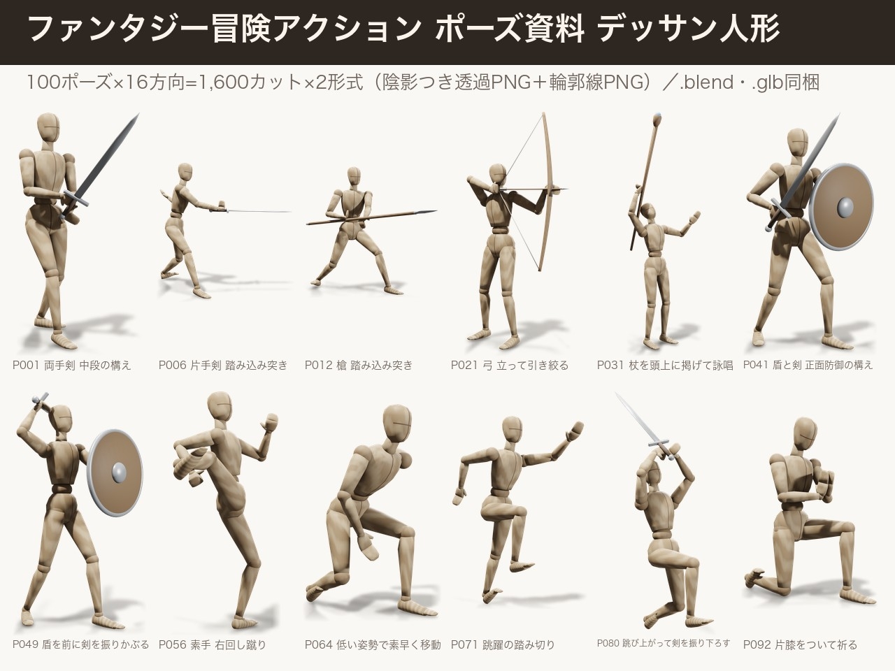 ファンタジー冒険アクション ポーズ資料 デッサン人形100ポーズ×16方向|剣・槍・弓・杖・盾|透過PNG+輪郭線+.blend/.glb付き
