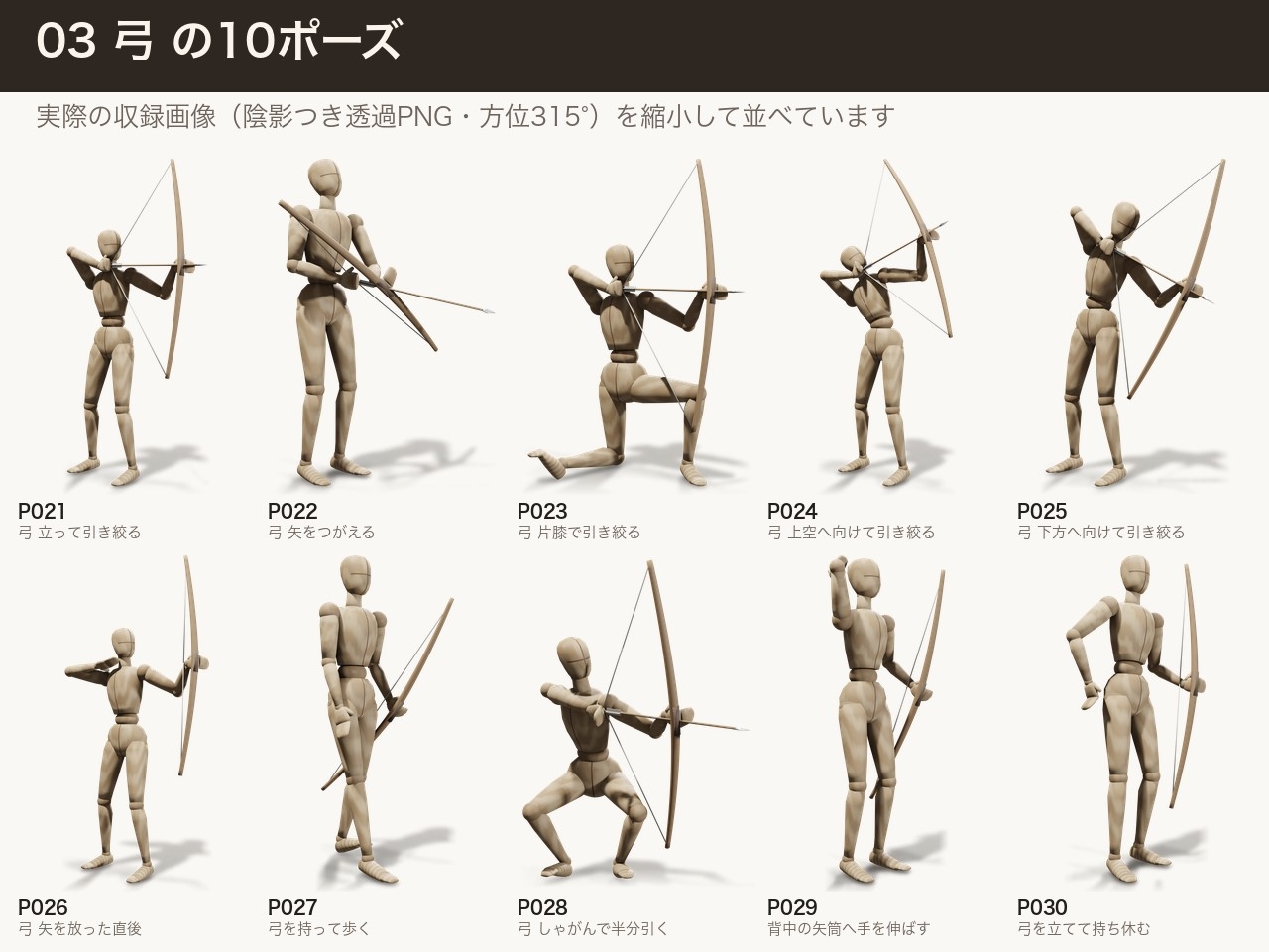 ファンタジー冒険アクション ポーズ資料 デッサン人形100ポーズ×16方向|剣・槍・弓・杖・盾|透過PNG+輪郭線+.blend/.glb付き