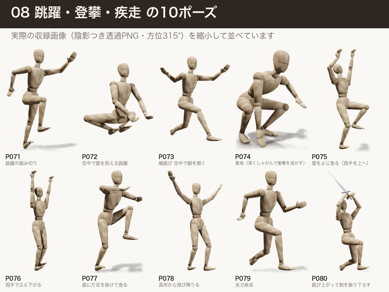 ファンタジー冒険アクション ポーズ資料 デッサン人形100ポーズ×16方向|剣・槍・弓・杖・盾|透過PNG+輪郭線+.blend/.glb付き