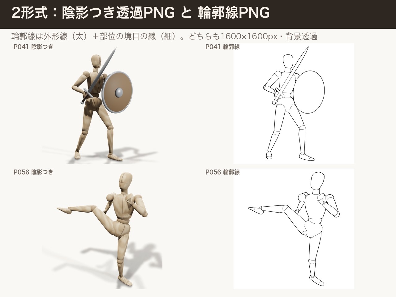 ファンタジー冒険アクション ポーズ資料 デッサン人形100ポーズ×16方向|剣・槍・弓・杖・盾|透過PNG+輪郭線+.blend/.glb付き