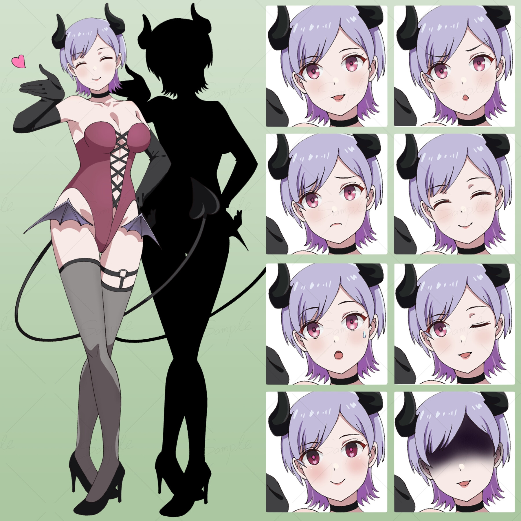 ショートヘアのサキュバス・表情8種+1、シルエット(立ち絵素材)