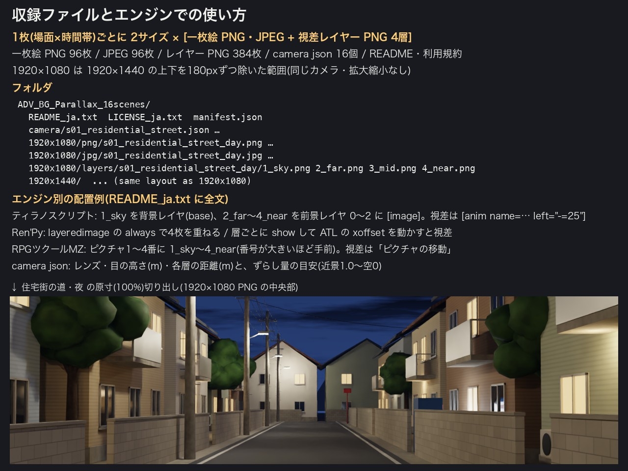 ADV・ノベルゲーム用 背景CG素材 16場面×昼夕夜 視差レイヤー4層PNG付き|ティラノ・Ren'Py・ツクールMZ配置例・有償ゲーム同梱OK