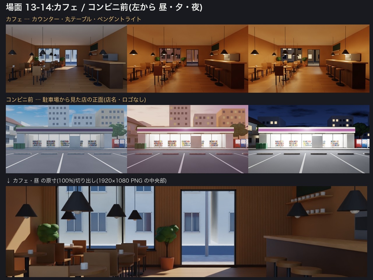 ADV・ノベルゲーム用 背景CG素材 16場面×昼夕夜 視差レイヤー4層PNG付き|ティラノ・Ren'Py・ツクールMZ配置例・有償ゲーム同梱OK