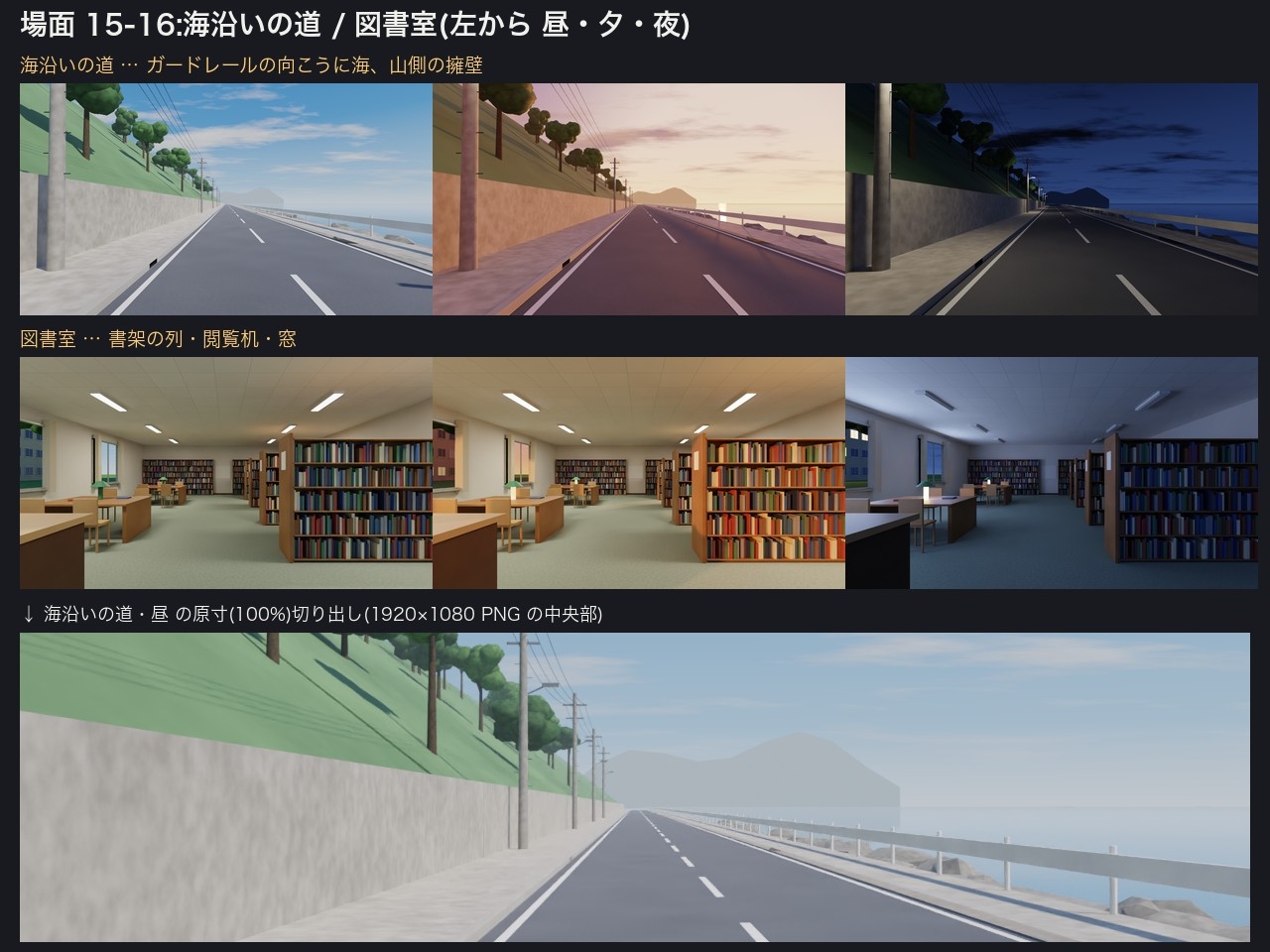 ADV・ノベルゲーム用 背景CG素材 16場面×昼夕夜 視差レイヤー4層PNG付き|ティラノ・Ren'Py・ツクールMZ配置例・有償ゲーム同梱OK