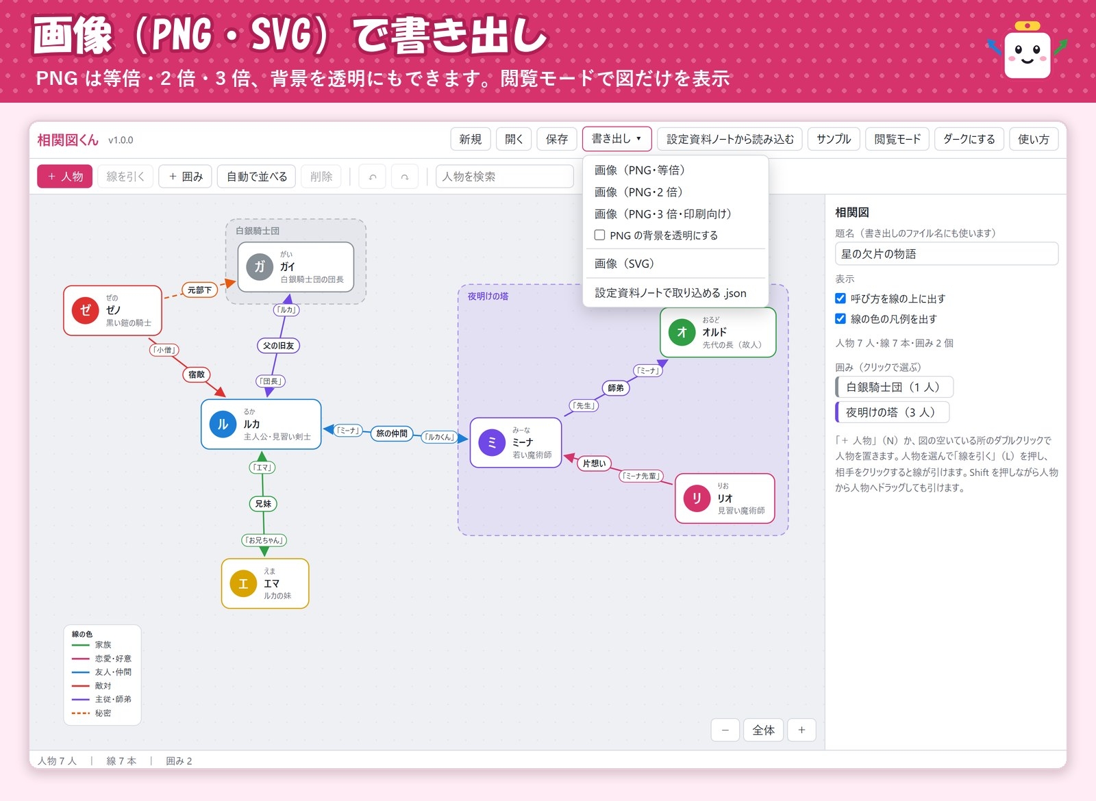 【ゲーム・ノベル・TRPG・漫画】キャラを置いて線を引くだけ「相関図くん」関係名・呼び方・勢力の囲み・画像書き出し