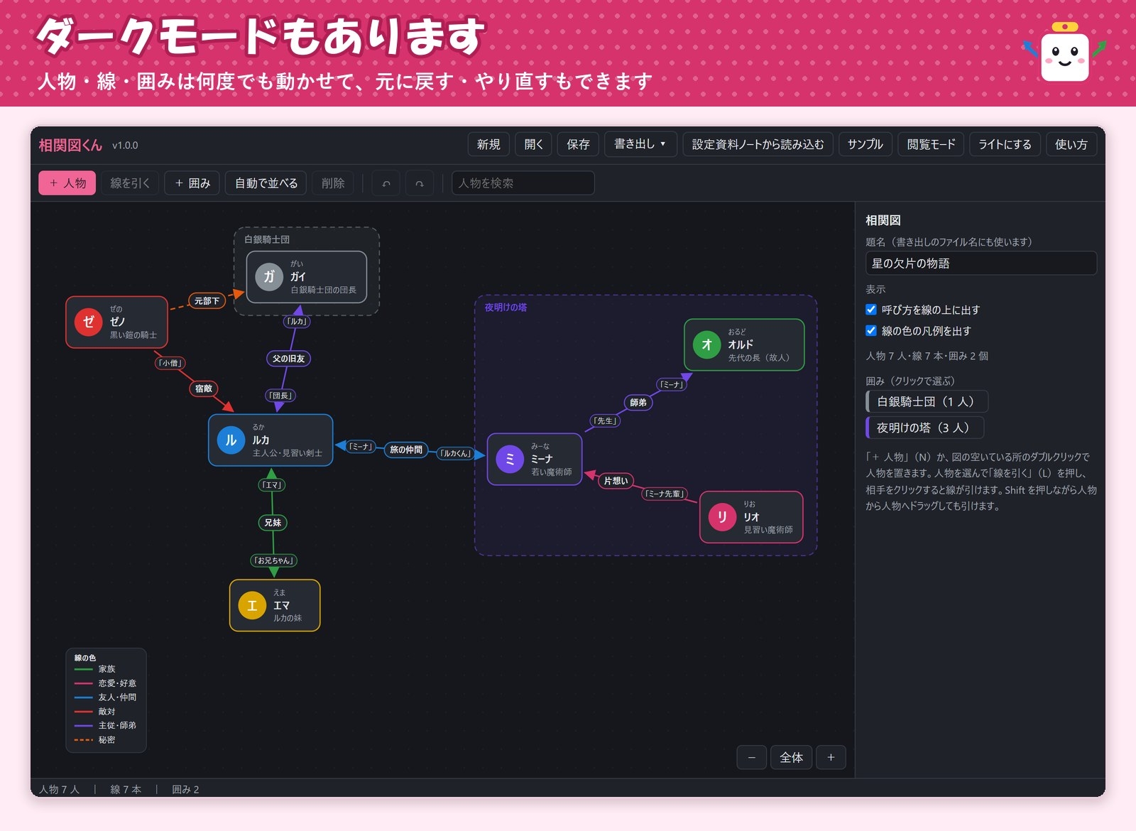 【ゲーム・ノベル・TRPG・漫画】キャラを置いて線を引くだけ「相関図くん」関係名・呼び方・勢力の囲み・画像書き出し