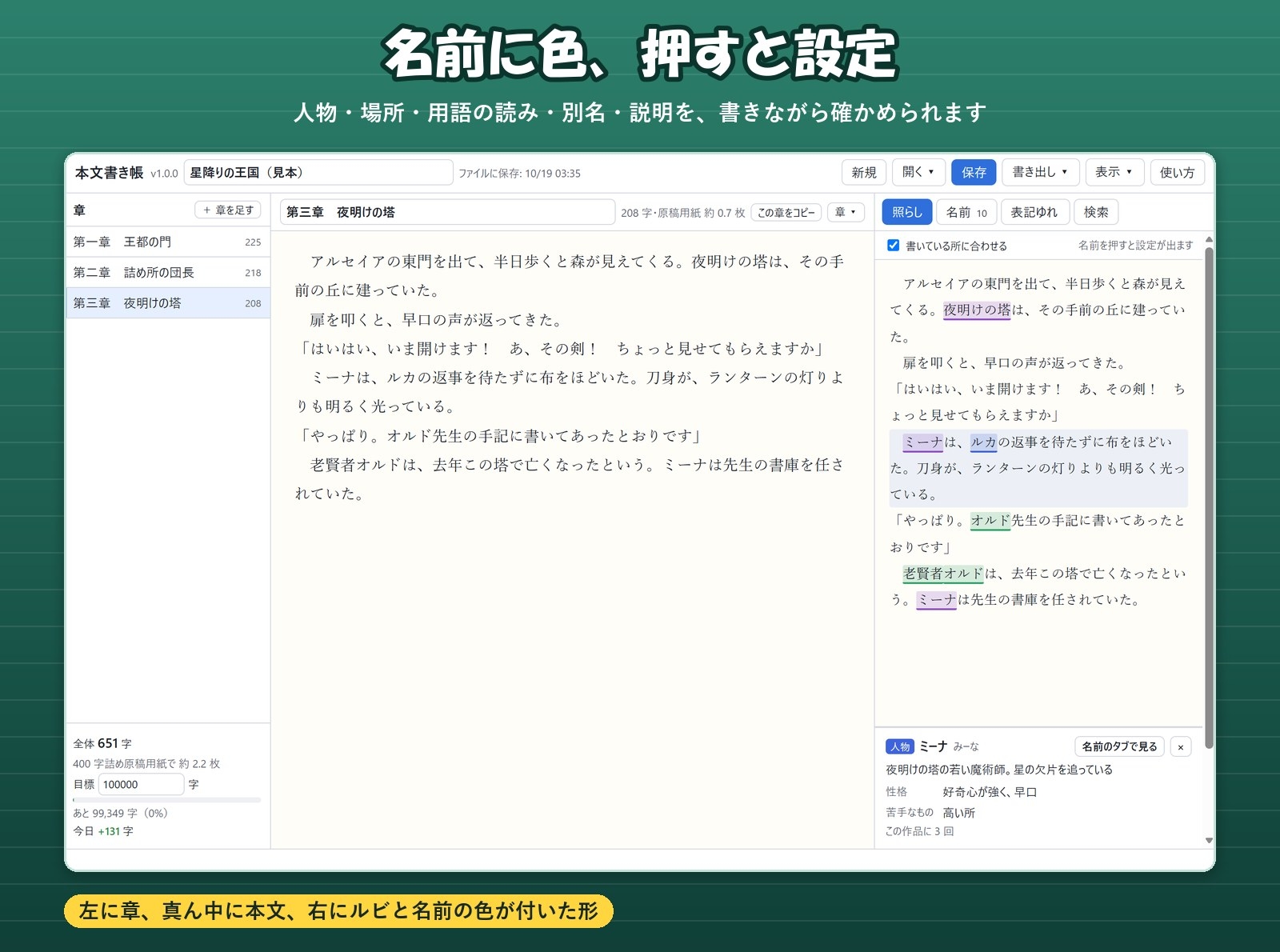 【小説・Web小説・ノベル】名前に色が付き表記ゆれも見つかる執筆エディタ「本文書き帳」章ごとの字数・ルビ・設定資料ノート対応