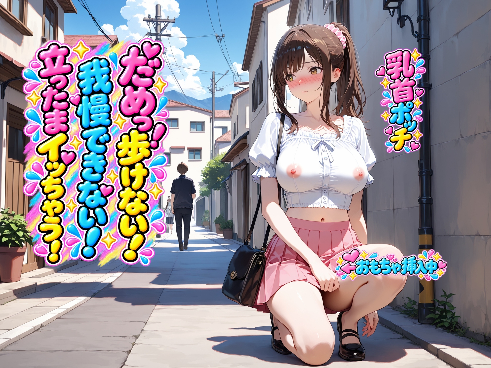 【ノーブラ&ノーパン散歩】過激ミッションをクリアせよ！電動バイブでおまんことクリトリスをダブル責め！乳首ポッチで散歩中にうっかりイッちゃう女の子+オナニー実演 サンプル画像1