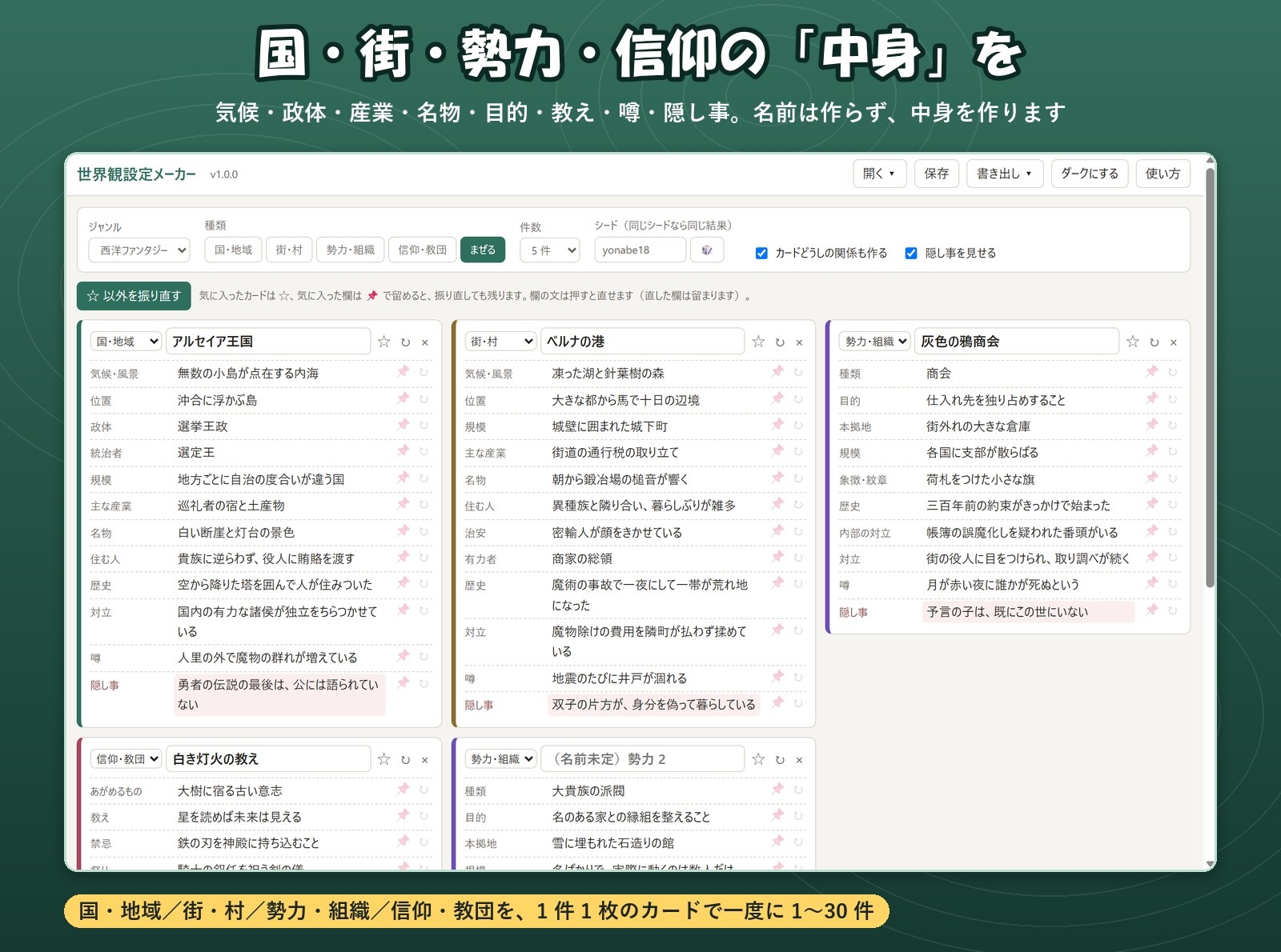 【TRPG・ゲーム・小説】国・街・勢力・信仰の中身をまとめて作る「世界観設定メーカー」政体・産業・対立・噂と隠し事