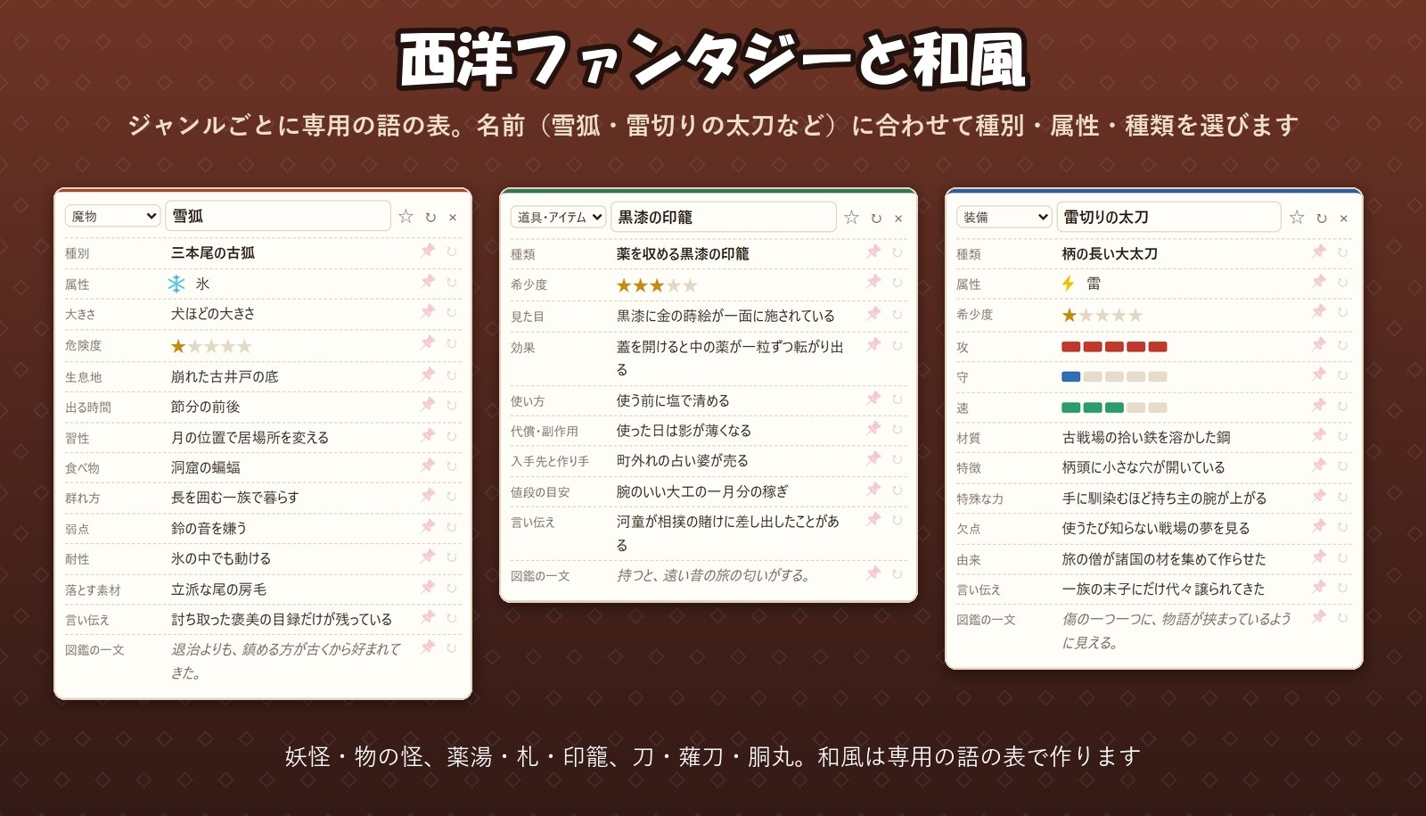 【TRPG・ゲーム・小説】魔物・道具・装備の図鑑の中身をまとめて作る「魔物・アイテム図鑑メーカー」弱点・素材・効果・言い伝え