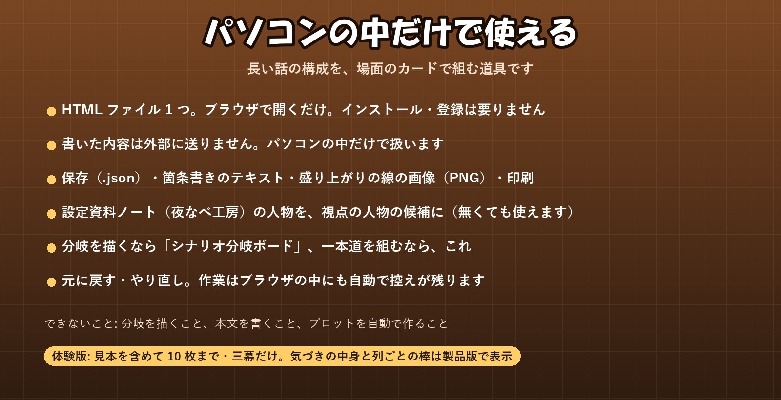 【小説・ノベル・TRPG・ゲーム】場面カードを並べて山場が見える「プロットマン」一本道の構成・三幕と起承転結の目安・章の長さ