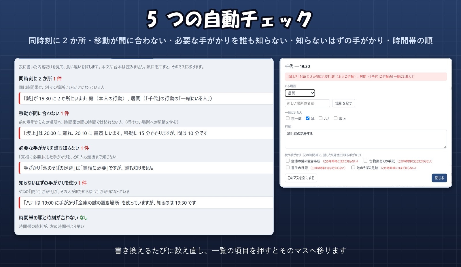 【TRPG・推理・ノベル】行動を時刻で並べて食い違いを赤く「時系列チェッカー」同時刻に2か所・知らないはずの手がかりも
