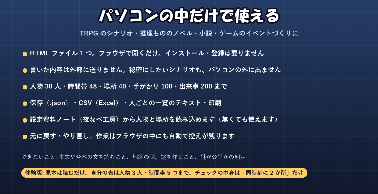 【TRPG・推理・ノベル】行動を時刻で並べて食い違いを赤く「時系列チェッカー」同時刻に2か所・知らないはずの手がかりも