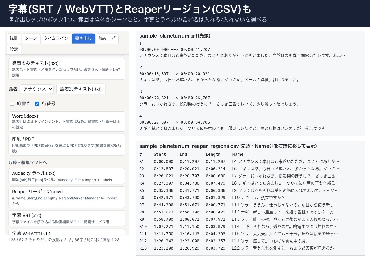 ボイス台本スタジオ(単体HTML)|発音数と朗読尺を表示・Audacityラベル/Reaperリージョン/SRT書き出し・収録チェック表|Win・Mac対応