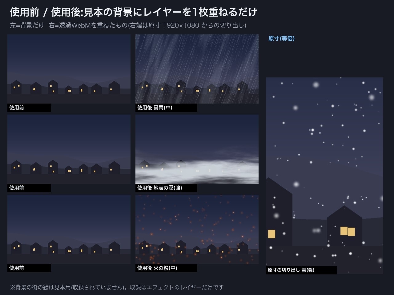 天候・空気感エフェクト ループ素材16種×3強度 透過WebM+連番スプライトシート+黒背景MP4|雨・雪・霧・火の粉・花びら|クレジット不要
