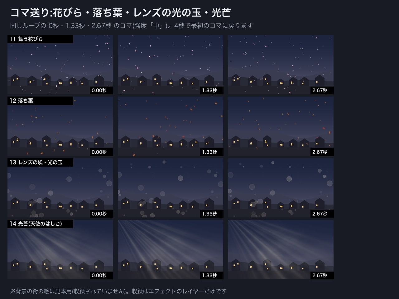 天候・空気感エフェクト ループ素材16種×3強度 透過WebM+連番スプライトシート+黒背景MP4|雨・雪・霧・火の粉・花びら|クレジット不要