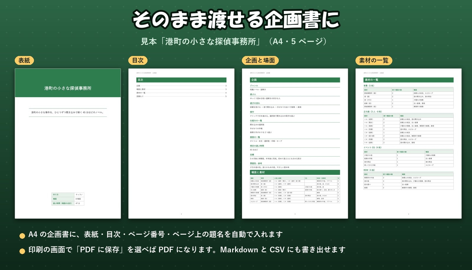 【ゲーム・ノベル・ツクール】場面を書くと素材の数と外注費が出る「ゲーム企画書ノート」A4の企画書にまとめて印刷