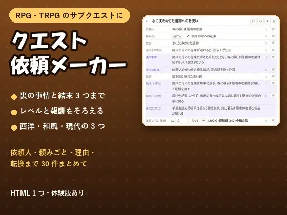 【RPG・TRPG・ツクール】依頼人・裏の事情・結末・報酬まで 30 件まとめて「クエスト依頼メーカー」西洋・和風・現代 ジャケット画像