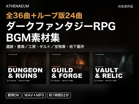 【全36曲+ループ版24曲】ダークファンタジーRPG BGM素材集|遺跡・書庫・工房・宝物庫【商用可・WAV/MP3】