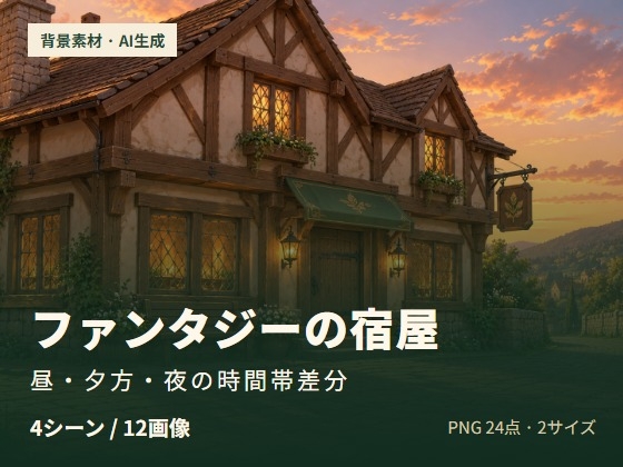 ファンタジー宿屋 背景素材集 — 4シーン×昼夕夜/PNG 24ファイル