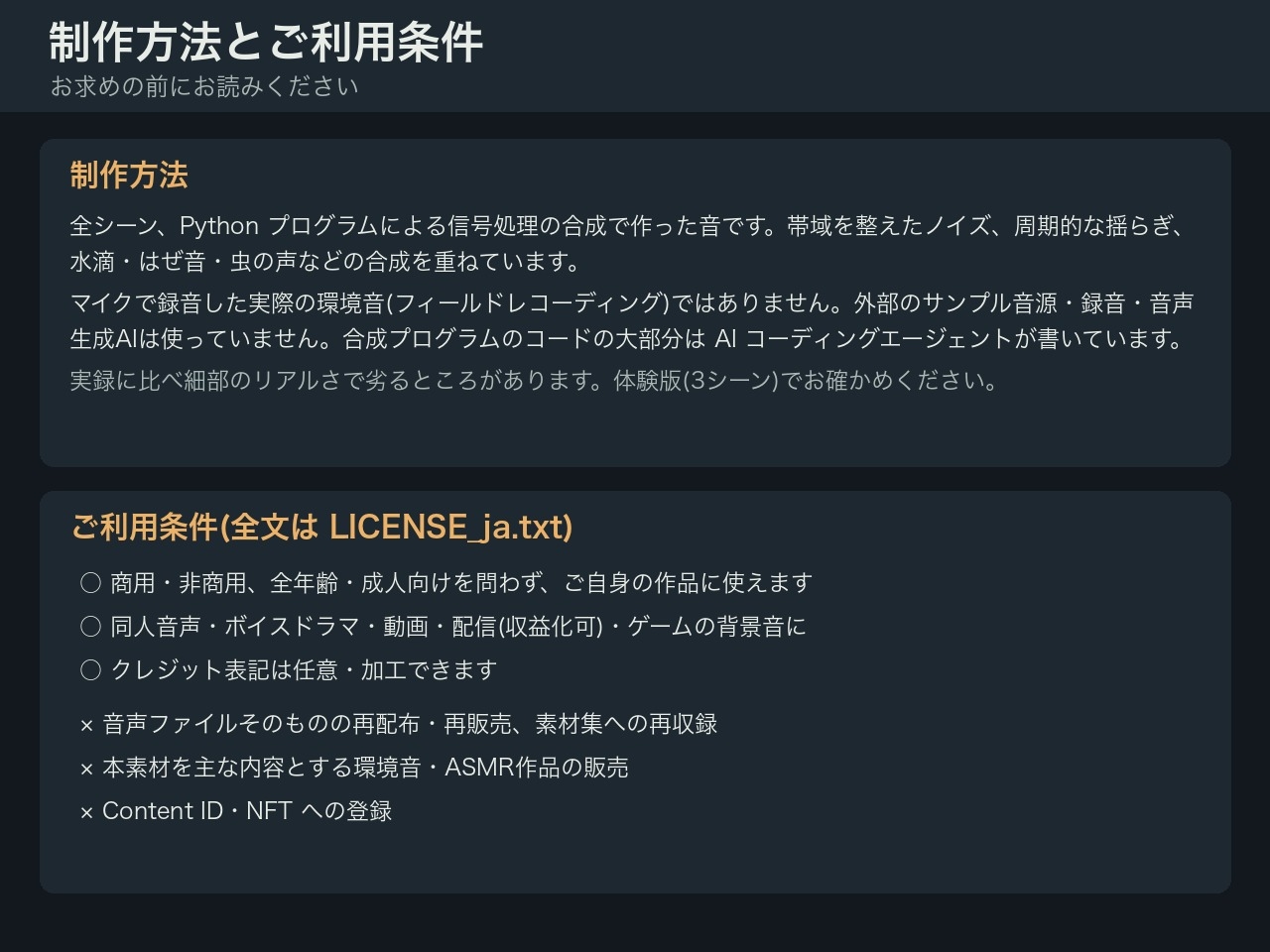【音声なし】環境音ベッド24シーン×各20分(計8時間) 雨・焚火・波・せせらぎ・室内ほか|シームレスループWAV+ループ点表|作業用/睡眠用・商用可