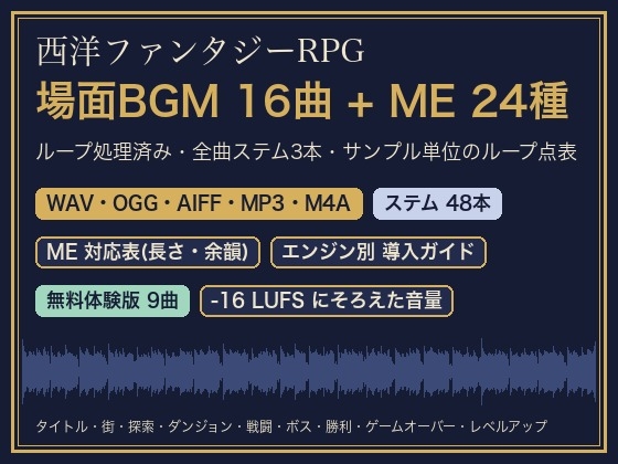 西洋ファンタジーRPG 場面BGM16曲(ループ+ステム)+ME24種|街・探索・戦闘・ボス・勝利・ゲームオーバー・レベルアップ/ループ点表・導入ガイドつき