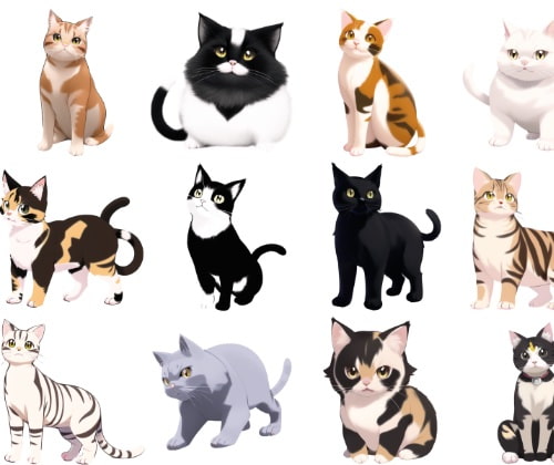 【猫10種類×10】著作権フリーの高解像度イラスト素材(画像100枚)