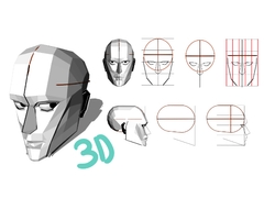 
        3D reference model head with lines and moving eyes
      