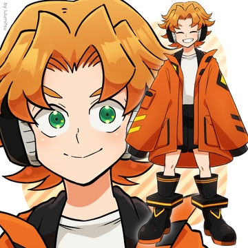 【キャラクター立ち絵】サイバー風オレンジぶかぶかコートの少年【差分5種】 [4-TRUMP]