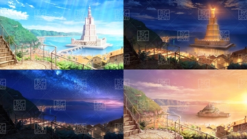 BG_水上の塔と海岸町_ver1.0 [BGスポット]