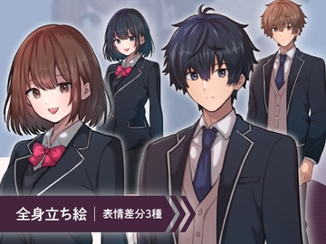 【立ち絵素材】ブレザーの制服を着た男子・女子高校生のモブキャライラスト・現代・黒髪・茶髪・全身表情3種 [素材POMPACK]