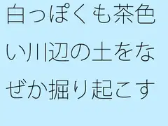 白っぽくも茶色い川辺の土をなぜか掘り起こす男