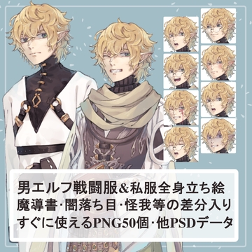 男エルフの戦闘服・私服(被験者)全身立ち絵SET(魔導書・眼鏡・血(怪我)のオマケパーツ付き) [薄型カレーテレビ(男キャラ→がるまに)]