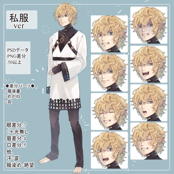 男エルフ私服(被験者)の全身立ち絵(魔導書・眼鏡・血(怪我)のオマケパーツ付き) [薄型カレーテレビ(男キャラ→がるまに)]