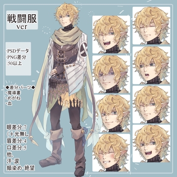 男エルフ戦闘服の全身立ち絵(魔導書・眼鏡・血(怪我)のオマケパーツ付き) [薄型カレーテレビ(男キャラ→がるまに)]