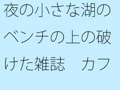 夜の小さな湖横 ベンチの上の破けた雑誌