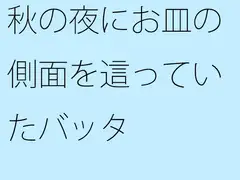 秋の夜にお皿の側面を這っていたバッタ